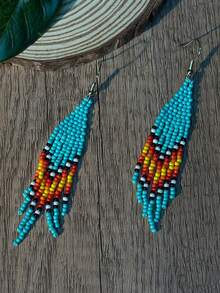 AHAYA 女士时尚流苏耳环，手工波西米亚风玻璃串珠耳环，轻盈奢华串珠耳钩，适合日常休闲佩戴、音乐节、毕业礼物等场合 - 綠松石色 - 查看 5