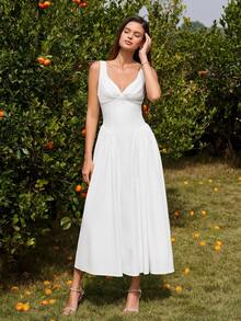 PARTHEA Elegant Women's Long A-Line Dress With V-Neck And Ruched Backless Smocking Bust Shirred Flared Hem Non-Stretch Fabric For Casual Style - White - View 4