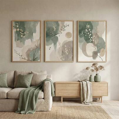 Japandi Botanical Zen Wall Art Set Of 3, Abstract Watercolor Leaves Poster, Sage Green Beige Prints, Minimalist Floral Art, Modern Zen Decor, Home Decor Living Room, Wall Decor, No Frame