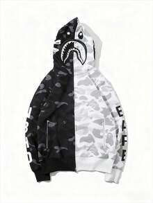 Shark Camo Hoodie For Men, Y2K Street Hiphop Print Men's Full Zip-Up Hoodie Oversized Winter Fit Sudaderas Para Hombre - Grey - View 1