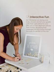 木质大象造型留言框，“小小愿望”签名版婴儿派对留言簿替代品，中性孕期纪念品，包含65张签名卡和1支笔，灰白色，婴儿派对装饰 - 彩色 - 查看 5