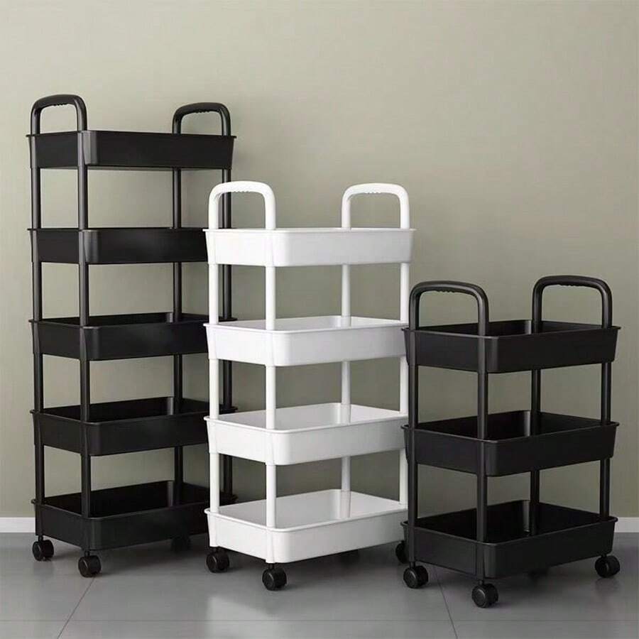 3/4 Tier Heavy Duty Rolling Storage Cart - Movable Small Cart Storage Rack, Sturdy Plastic Structure, Easy Assembly No Tools Needed, Space Saving, Suitable For Kitchen, Bathroom, Office, Bedroom - Fit For Home And Commercial Use - White/Black Heavy Duty Storage Cart, Compact Design,
