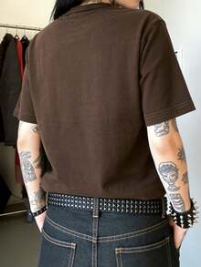 女士 Y2K 夏季休闲时尚百搭街头音乐节锐舞哥特复古棕色图腾超大圆领短袖套头衫