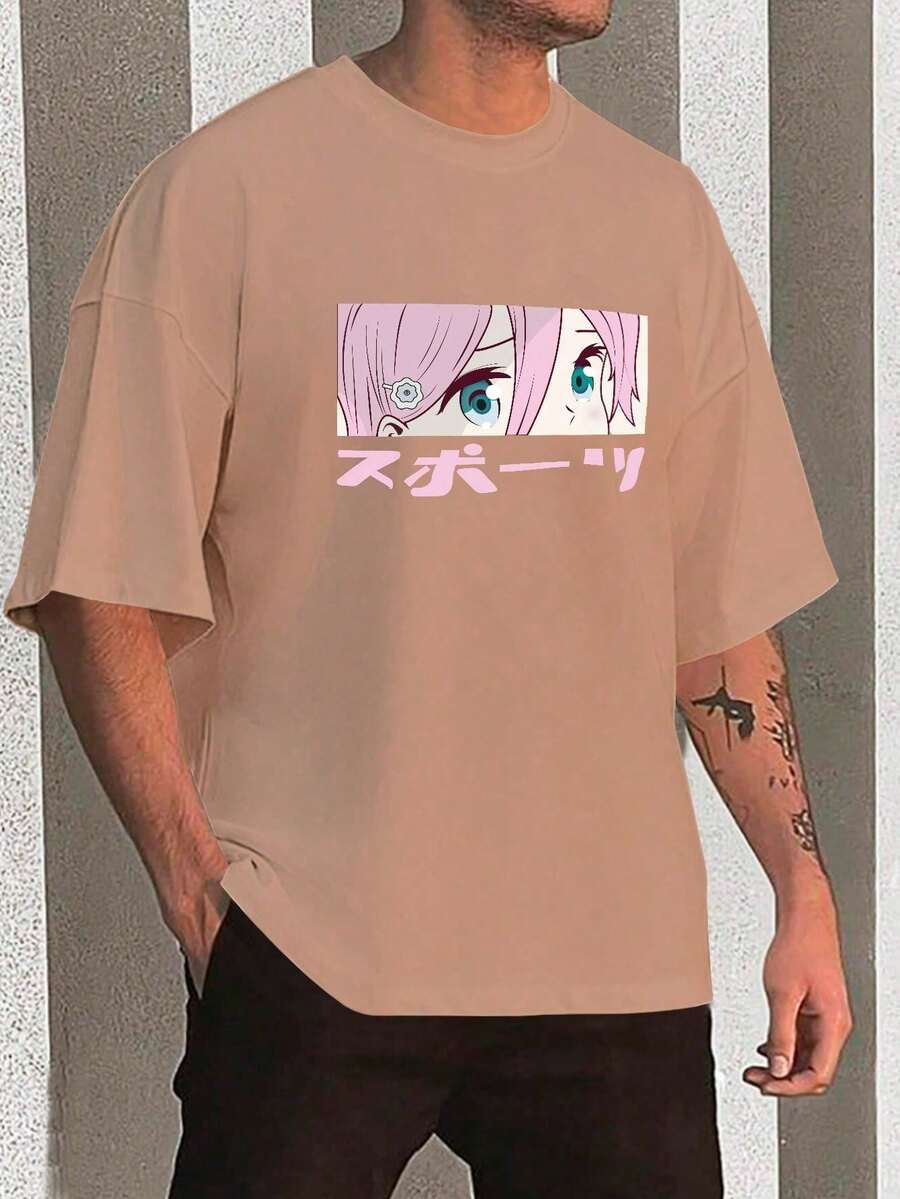 Y2K Anime Eye Print Oversized T-Shirt, Loose Fit, Premium Soft Fabric, Summer/Spring - 稻草 - 查看 1
