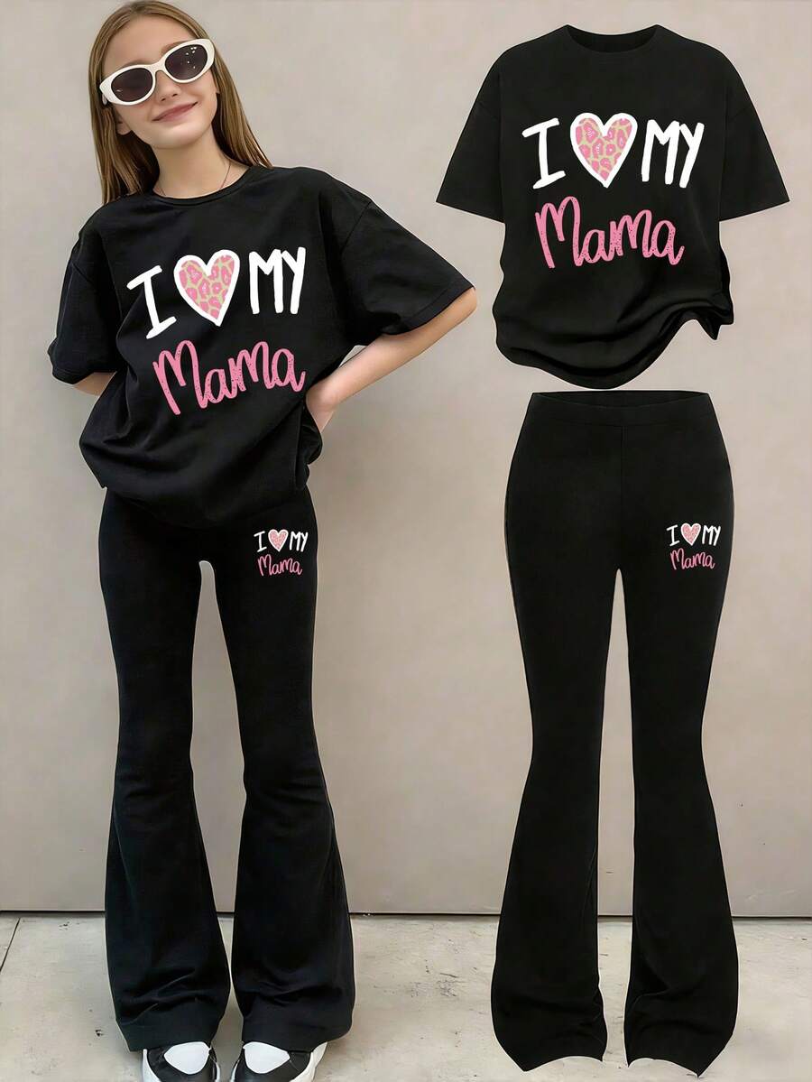 Áo ngắn tay in hình hoạt hình dành cho bé gái và quần ống loe ôm sát. - màu đen - Xem 1