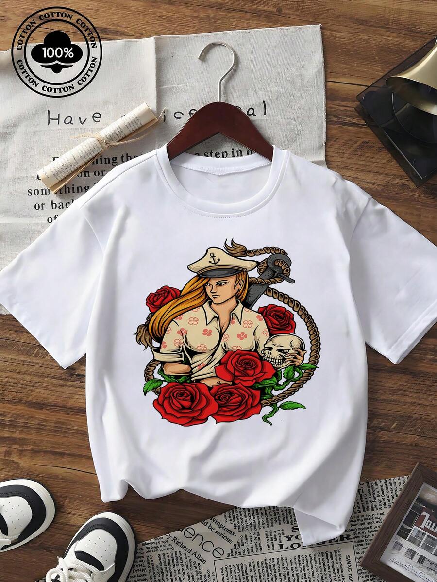 T-shirt ample à manches courtes col rond pour femmes, imprimé de fille marin et de crâne rose. Style vintage Y2K, streetwear décontracté pour l'été et l'usage quotidien - Noir - Voir 1