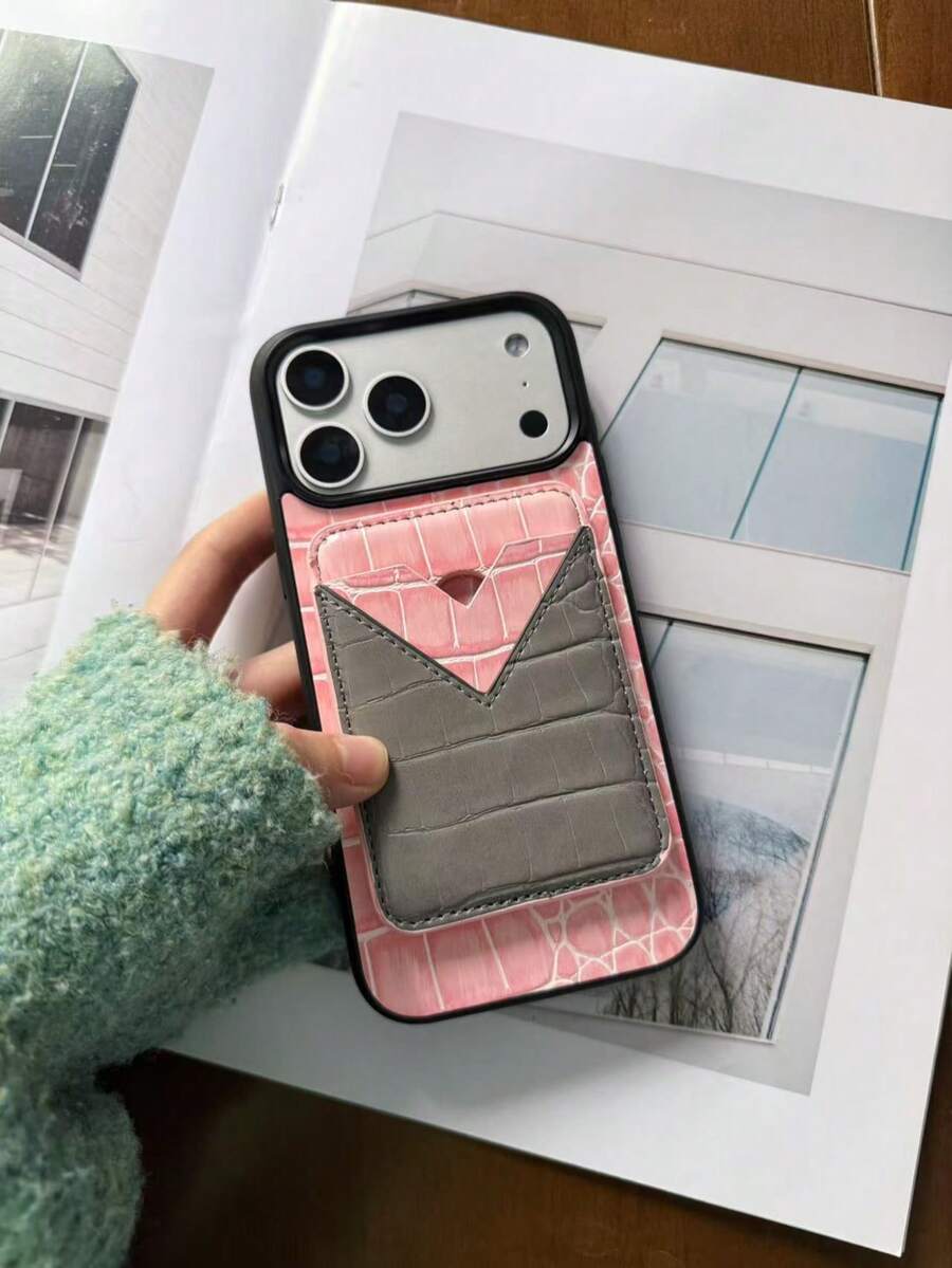 Husă de telefon magnetică premium cu textură de crocodil IP13 Pro Max/IP14 Pro Max/IP15 Pro Max/IP16 Pro Max/IP17 Pro Max cu suport pentru carduri - Roz - Vizualizare 1