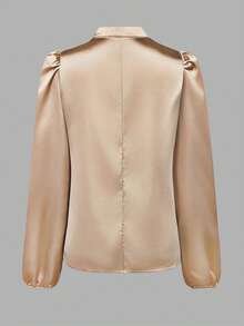 Blusa de satén con cuello en V y mangas abullonadas, corte regular, nuevo estilo para primavera/otoño - Champán - Ver 2