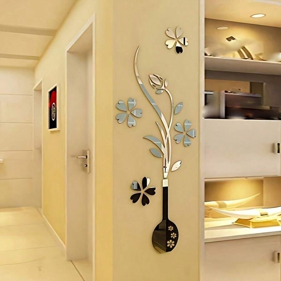 1 Set Acrylic 3D Mirror Flower Vase Wall Sticker - Silver - View 1