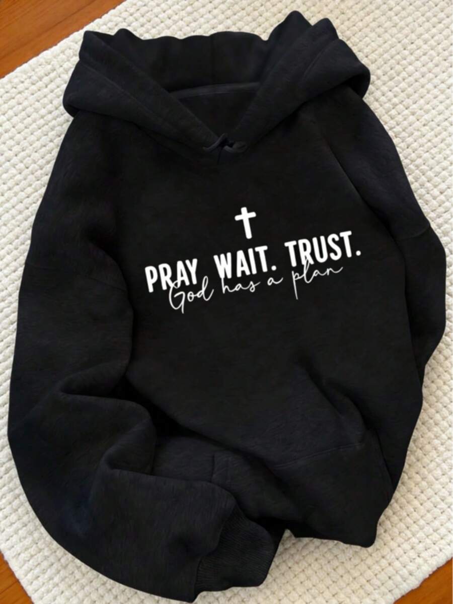 Letter Retro Retro English Back To School Season PRAY WAIT TRUST GOD HAS A PLAN Back To School Women Outfits Women's Casual Hoodies-Autumn/Winter New - 黑色 - 查看 1