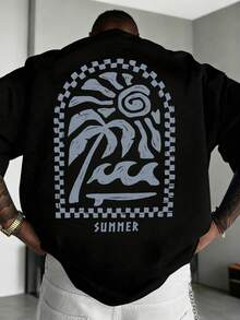 Zrgoth Men's Casual Street Vacation Minimalist Sketch Palm Tree Element Versatile Landscape Print Short Sleeve T-Shirt - Black - View 2