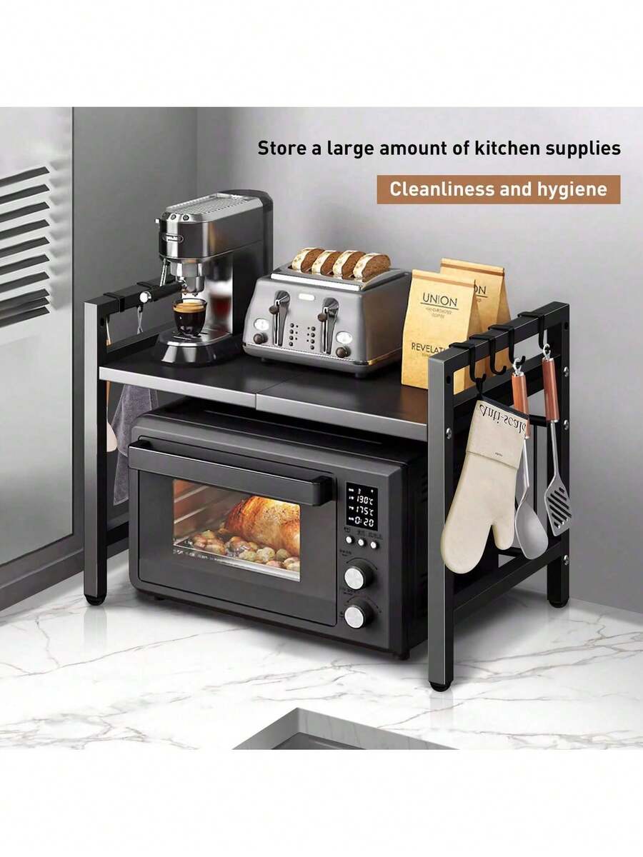 1pc Expandable 42-64cm Microwave Shelf Organizer, Moisture And Rust Proof Microwave Countertop Organizer,Kitchen Utensils Tableware Storage,Over ,Kitchen Storage Rack - 黑色 - 查看 1