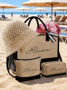 Personalized Name Customized Women's Beach Theme Tote Bag Set,You Can Freely Customize Various Artistic Font Names,It Includes A Large-Capacity Handbag And Two Cosmetic Bags.Travel Bags, Multi-Functional Storage Bags - Multicolor - View 5