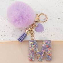 Móc khóa chữ cái A-Z bằng nhựa đính kim sa hình quả cầu len dễ thương, phụ kiện ví & túi xách, đồ trang trí treo balo, mặt dây chuyền xe hơi, quà tặng cho bé gái. - Màu tím hoa cà - Xem 4