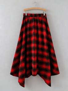 Women's New Year Valentine's Day Plaid Asymmetrical/Irregular Belt Versatile Midi Skirt, Suitable For Daily And Street Wear. - Red - View 2