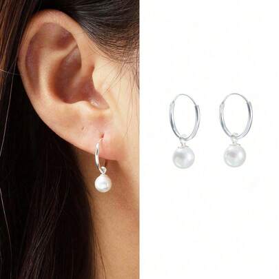 1 Pair 925 Sterling Silver Hoop Earrings With 12mm Round Pearl Pendant, Elegant Jewelry Gift For Girlfriend, Women, Daily Wear
