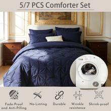 5/7 Piece Bed In A Bag Bed Comforter Set, Summer Breathable Chic And Elegant Comforter Set With Soft Microfiber Inner Filler, Lightweight Solid Bedding Set, Bedroom Decor For All Seasons, Ideal Gift - DarkBlue - 查看 1