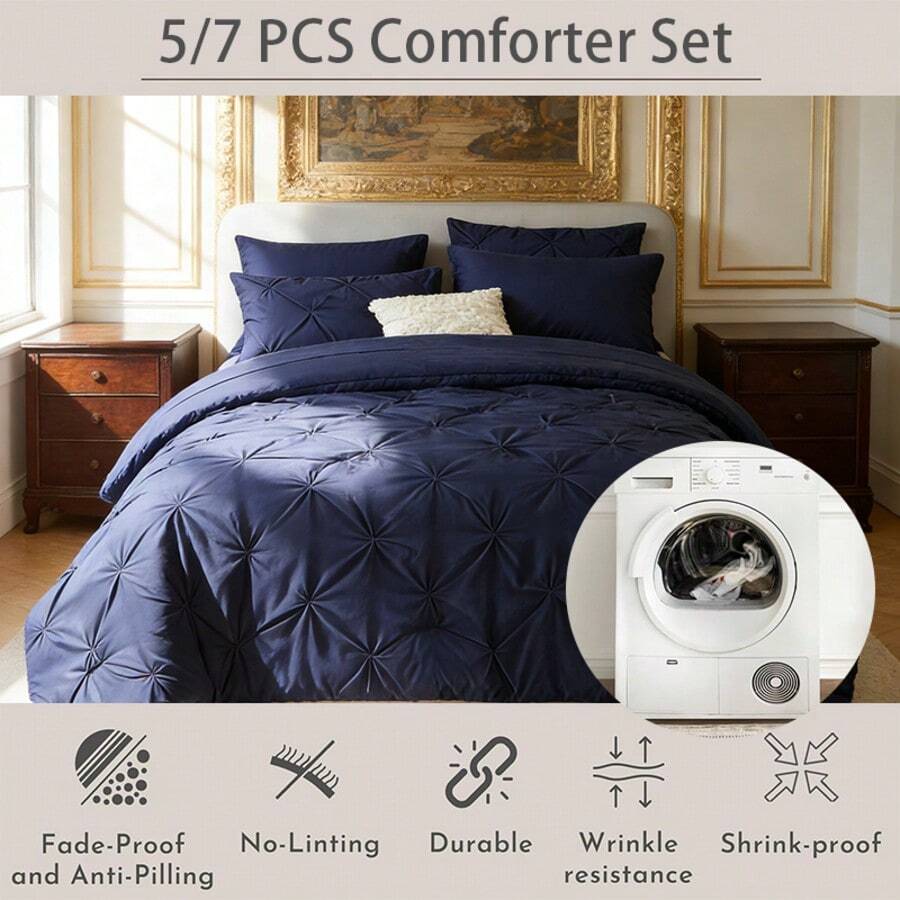 5/7 Piece Bed In A Bag Bed Comforter Set, Summer Breathable Chic And Elegant Comforter Set With Soft Microfiber Inner Filler, Lightweight Solid Bedding Set, Bedroom Decor For All Seasons, Ideal Gift - DarkBlue - 查看 1