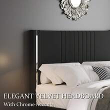 Queen Bed Frame With Headboard, Velvet Upholstered Platform Bed With Channel Tufted Headboard, Chrome Finished Wing Edge, Wooden Slats, No Box Spring Needed, Easy Assembly, Full/ Queen/ King, Black/ Grey/ White - 黑色 - 查看 2