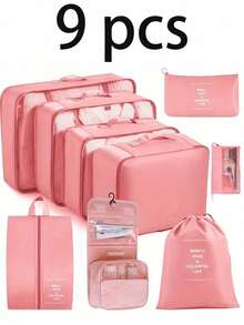 9pcs Travel Organizer Set - Large Capacity Foldable Luggage Bag, Waterproof Cosmetic Bag, Skincare Organizer, Suitable For Autumn/Winter Travel, Includes Packing Cubes, Shoe Bag, Drawstring Bag, Toiletry Bag For Makeup Brushes, Sanitary Pads, Lipstick, Eyeliner, Lip Gloss, Toothbrush, Soap, Shampoo, Comb, Watch, Phone, Necklace, Jewelry, Electronics - Multicolor - View 16