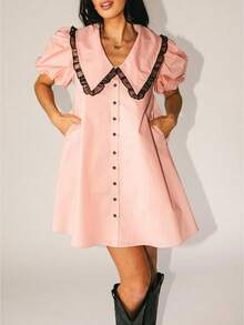Women's Polka Dot Dress Ruffled Collar Short Puff Sleeve Button Front A-Line Mini Dress For Retro Casual Outfits - Pink - View 1