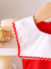 Baby Girls' Vintage Elegant Patchwork Peter Pan Collar 3D Bow Sleeveless Dress, Summer - Red - View 3