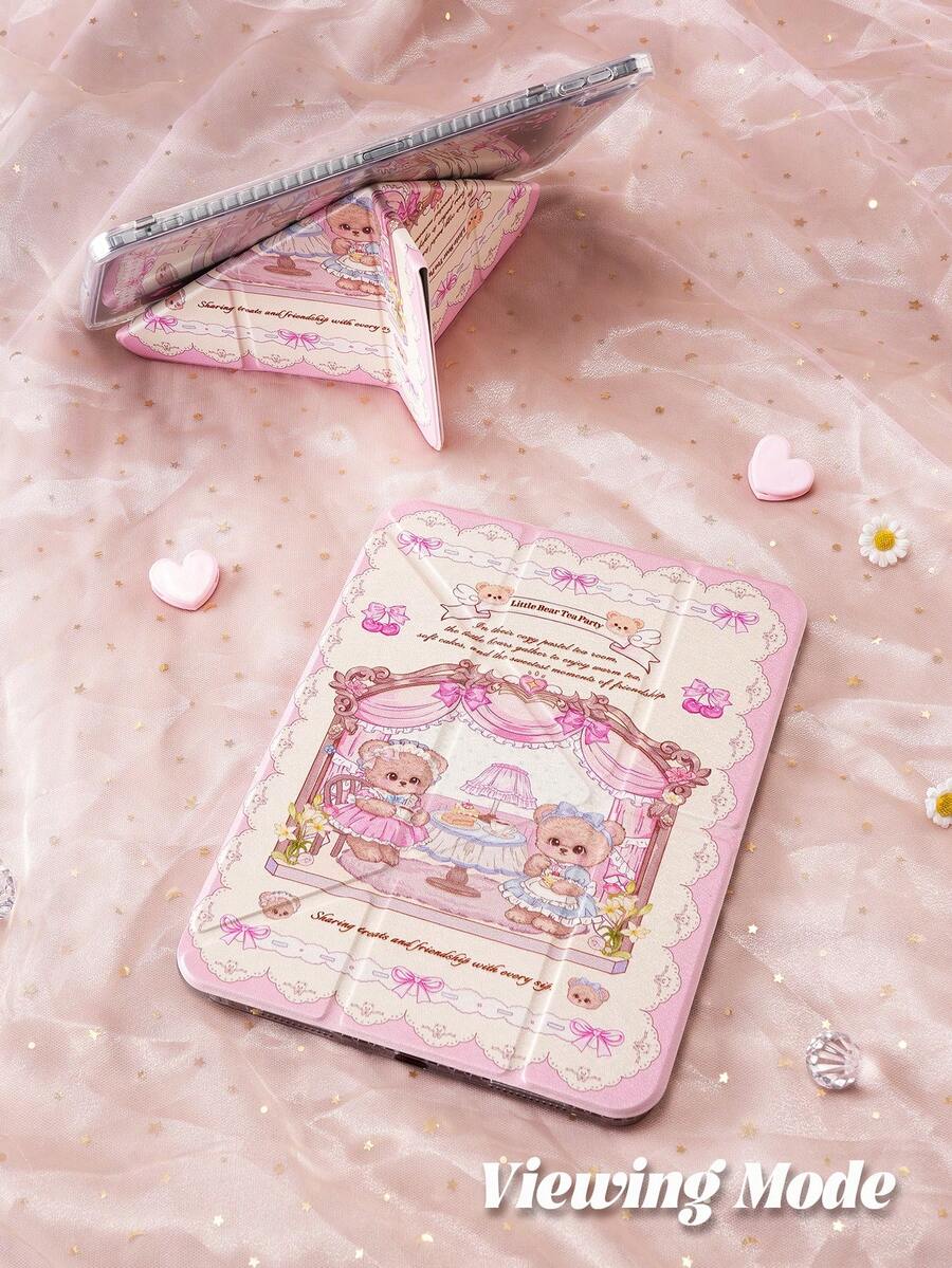 1个洛丽塔风格可爱小熊童话插画图案可折叠平板电脑保护套，双面印刷，兼容iPad 10.2英寸、iPad Pro 11英寸（2020/2021/2022款）、iPad Mini 6/7英寸，防震，带笔槽，支持睡眠/唤醒功能，是送给平板电脑用户的圣诞礼物