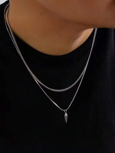 2件套男士不锈钢朋克金属风双层吊坠项链，个性化铆钉尖刺吊坠设计，适合时尚派对和休闲酷炫装扮