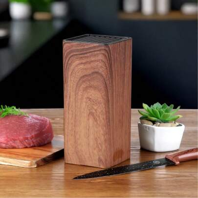 [1 Pack] Knife Storage Rack Kitchen Supplies Knife Holder Multi-Functional Household Knife Box Brown Wood Grain Finish