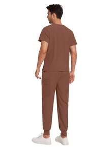Conjunto de ropa de trabajo médica para hombres, uniforme de dentista/enfermero, top de cuello en V de manga corta, pantalones deportivos médicos, ropa de trabajo de enfermería, ropa de trabajo de doctor - Marrón - Ver 9