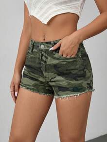 Low-Waist Camouflage Straight Mini Denim Shorts - Army Green - View 2