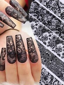 10pcs/Box Black Lace Nail Transfer Paper - Gothic Style Floral Mesh Lace Nail Design, Cute Y2K Charming Nail Art Decoration, Nail Salon Accessories, Nail Supplies (Non-Stick) - Multicolor - View 2