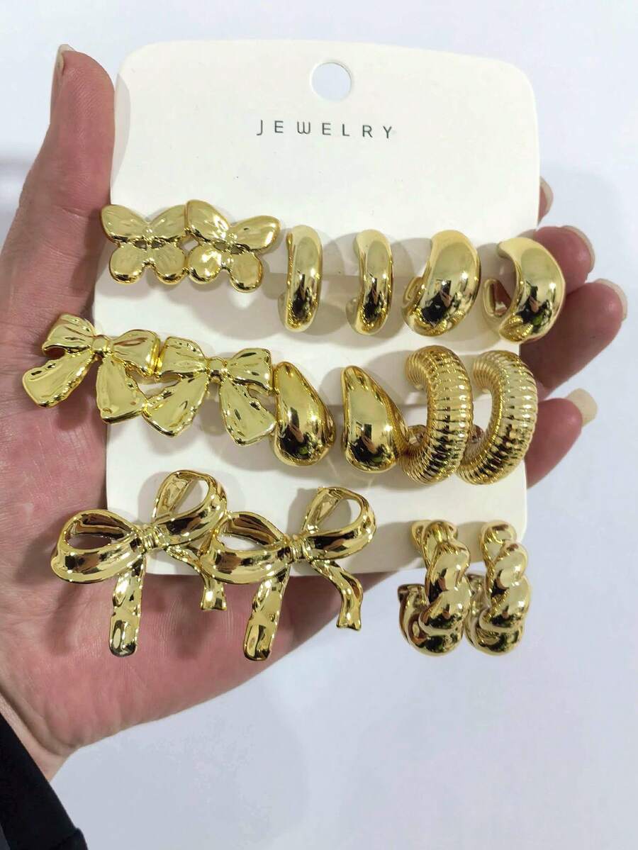 复古风耳环套装,时尚个性高端轻盈奢华新款女士耳环 - 金黃色 - 查看 1