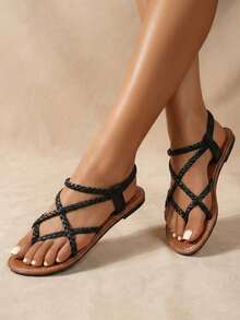 planare 女士黑色编织带平底凉鞋，舒适弹性后跟一脚蹬夏季休闲鞋，轻便交叉带沙滩/度假/日常穿着凉鞋 - 黑色 - 查看 2
