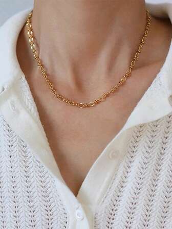 1件装女士时尚压纹设计项链，简约不锈钢链，百搭配饰