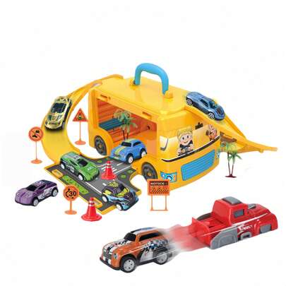 1 Set Handheld Bus Storage Playset, Includes Track & 3 Alloy Cars, Educational Preschool Toy For 3-6 Years Old Children - 2 Color Options [Car Model Colors Randomly Assorted]