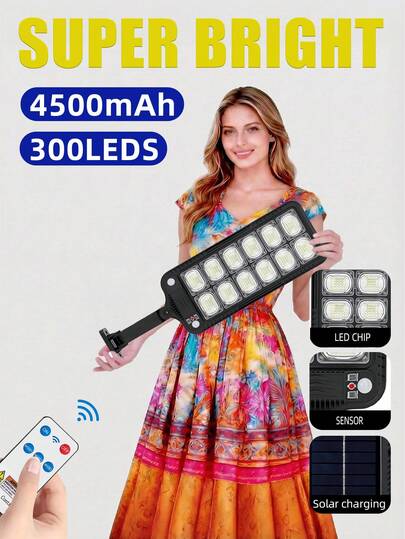 1pc 300 LED Solar Powered Motion Sensor Wall Light, 3 Lighting Modes, 270° Adjustable Angle, Built-In 1500mAh 18650 Rechargeable Li-Ion Battery, Solar Panel Charging + Remote Control, High Brightness Night Light With Projection Function, Suitable For Garden/Yard/Pathway/Villa, Holiday Decoration Gift, Valentine's Day, Halloween, Eid, Mother's Day, Back To School, Christmas, Halloween Gift