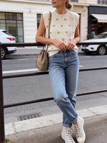 Women's Casual Crew Neck Sleeveless Heart Pattern Knit Pullover Sweater, Versatile For Spring, Summer, Autumn - White - View 7