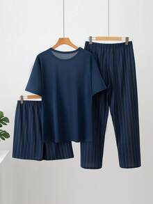 Bộ đồ ngủ mỏng 3 món dành cho nam, áo thun cổ tròn tay ngắn và quần short & quần dài, bộ đồ mặc nhà thoải mái 3 món (áo thun, quần short, quần dài), mùa hè - Màu xanh hải quân - Xem 2