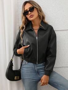 Women's Short Faux Leather Jacket, Casual Zipper Motorcycle Jacket With Pockets - Dark Black - View 6