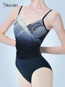 DonsGirl 女士芭蕾舞紧身衣 - 性感印花网纱荷叶边V领细肩带，法式优雅浪漫连体衣 | 全衬里和可拆卸胸垫 春季运动 - 藏蓝色 - 查看 4