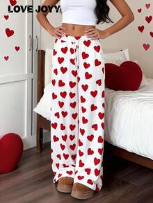 LOVE JOYY Women's Casual Red Heart Print Drawstring Pocket Wide Leg Pants, Perfect For Holidays, Street Style And Everyday Wear - Multicolor - View 5