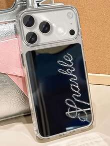Funda de teléfono con espejo a prueba de golpes, personalizada con elemento de espejo y cristales de imitación con nombre personalizado, compatible con 17/16/15/14 Plus/13/12/11 Pro Max/17 Air, funda protectora a prueba de golpes, regalo de cumpleaños, funda con espejo compatible - Plateado - Ver 6