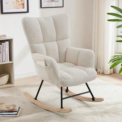 Nursing Rocking Chair, Teddy Glider Chair For Nursery, Comfy Living Room Armchairs With High Backrest And Side Pockets For Adults