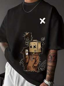 Productos más vendidos de 2026: Camiseta de manga corta con hombros caídos y estampado gráfico de dibujos animados para hombre Manfinity Dauomo, Verano - Negro - Ver 5