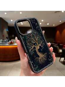 a la UE (DE y ES) 1 pieza Funda de teléfono con diamantes a doble cara, con un árbol antiguo estrellado y un árbol de la vida, en estilo vintage, adecuado para iPhone 11/12/13/14/15/16/PRO/16PRO MAX/15PLUS/16E, perfecto para eventos nocturnos, exposiciones de joyas, aniversarios y un gran regalo para entusiastas de la moda, amantes de las joyas y mujeres elegantes. - Rosa - Ver 4