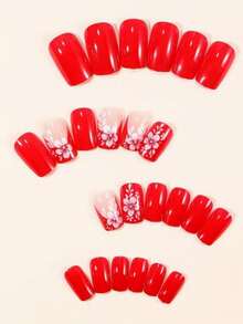 24 Stück mittel-lange quadratische rote tragbare Nageltips, minimalistischer Blumen-Aufklebe-Fake-Nägel, inklusive Gelee-Gel und Nagelfeile, geeignet für Frauen für den Alltag, Partys, Urlaub Nagelbedarf - Verschiedenfarbig - Übersicht 4