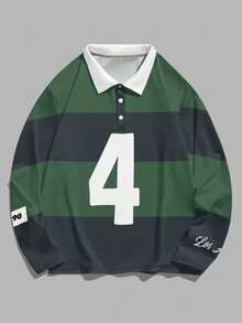 Camisa polo de hombre con bloques de color retro y rayas, diseño de patchwork verde y verde oscuro con estampado del número 4, cuello blanco, botones, estilo deportivo vintage que se encuentra con el estilo urbano, tela cómoda para uso casual, viajes y salidas de pareja en otoño
