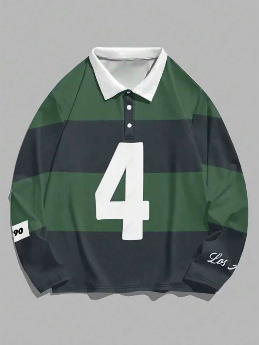 Camisa polo de hombre con bloques de color retro y rayas, diseño de patchwork verde y verde oscuro con estampado del número 4, cuello blanco, botones, estilo deportivo vintage que se encuentra con el estilo urbano, tela cómoda para uso casual, viajes y salidas de pareja en otoño