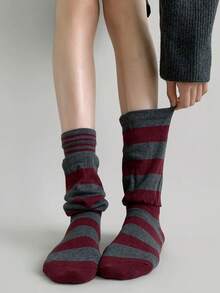 1/4 Pairs 2 In 1 Design Striped Layered Mid-Calf Socks, Suitable For All Seasons - Multicolor - View 9